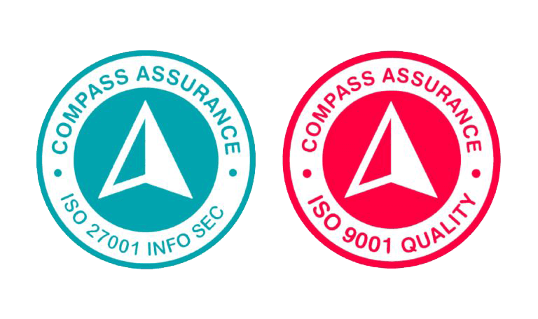 ISO 9001 and ISO 27001 certification badges issued by Compass Assurance Services